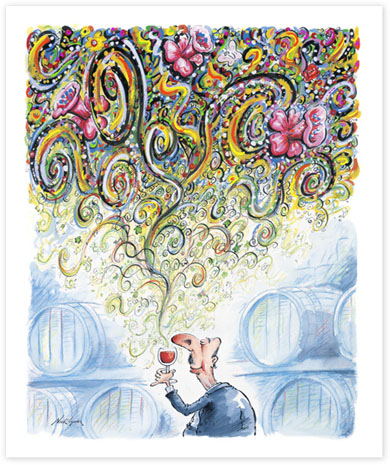 Cartoon of man sniffing a wine glass with colourful bouquet of wine comming out of glass